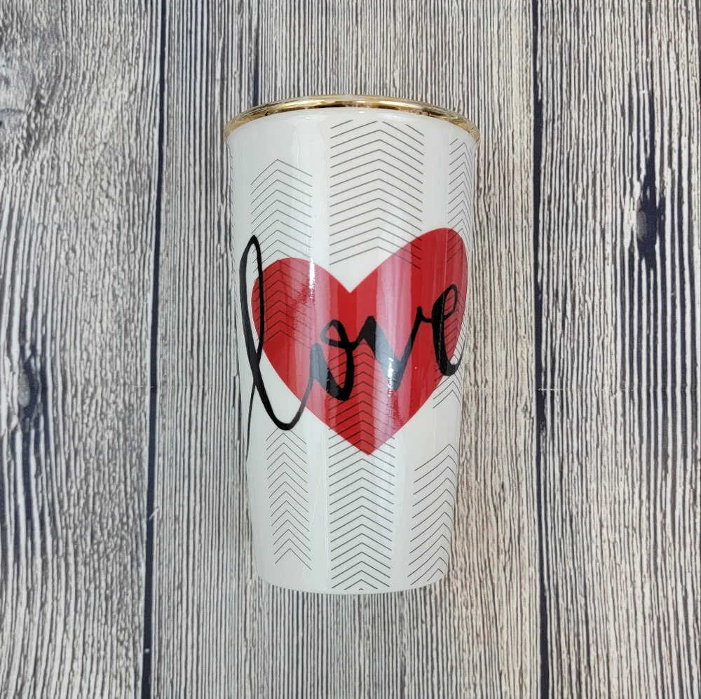 Starbucks Travel Ceramic Cup Tumbler Coffee Tea Love Heart Gold Chevron